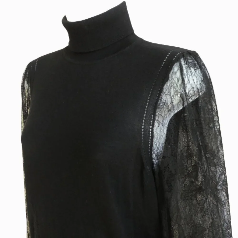 Equipment Femme Black Wool Silk Knit Turtleneck Sheer Lace Sleeves Knit Long Cuf